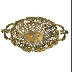 Vintage Large Brass Filigree Ornate Lattice Detail Oval Bowl Basket Metal Basket